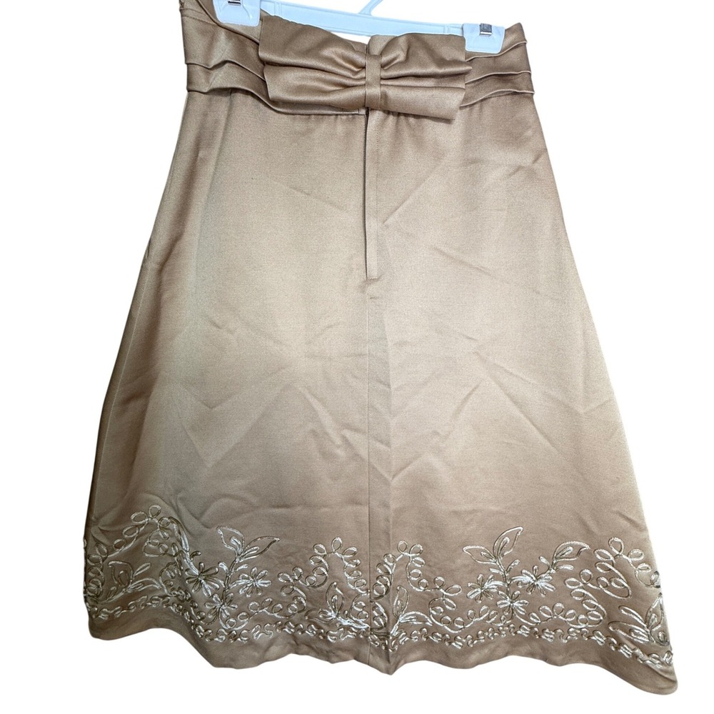 Y2K Gold Satin A-Line Skirt with Back Bow Floral Embroidered Hem Knee Length